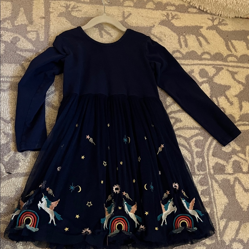 Girls Navy Unicorn & Rainbow Embroidered Long-Sleeve Dress